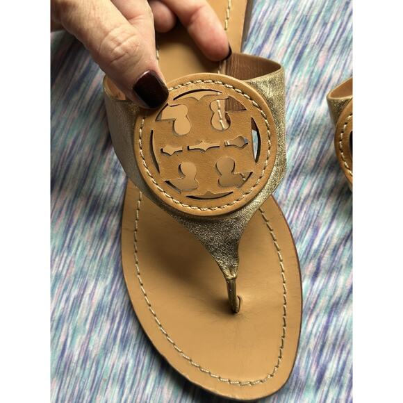 Tory Burch Louisa Metallic Gold Brown Leather Thong Sandals Slides Size 9 - Picture 4 of 7